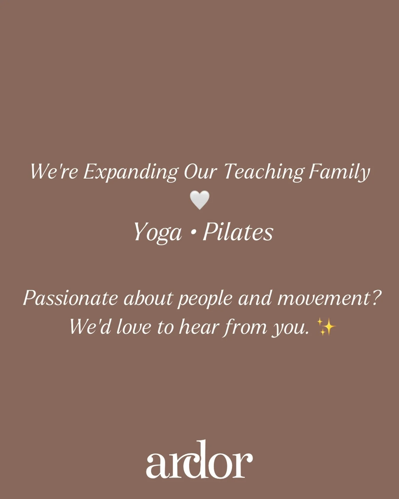 Could Ardor be your next teaching home? 🤍

We&rsquo;re looking to welcome new teachers into the Ardor family.

If you&rsquo;re passionate about Yoga &amp; Pilates and creating spaces where people feel supported, connected, and empowered, we&rsquo;d 