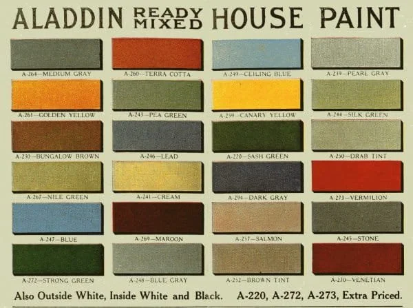 Colour palette from Aladdin Ready Mix house paint from early 1900's