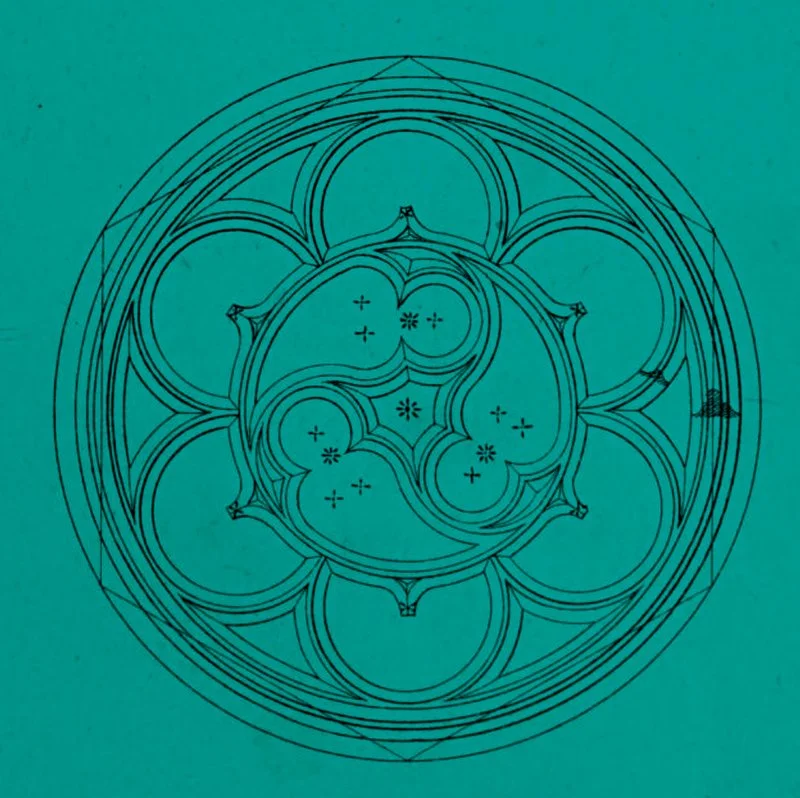 Drawing of gothic round window with pattern