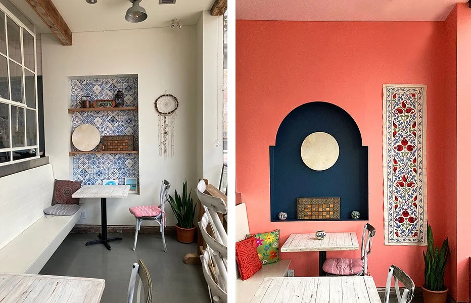 Before and after photo. Before is white walls with inset with blue and white tile. After is coral wall with dark blue inset