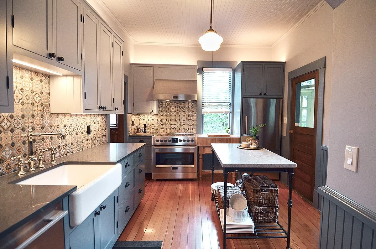 Two shades of blue painted kitchen cabinets in heritage house | Benjamin Moore paints| K Colour Design