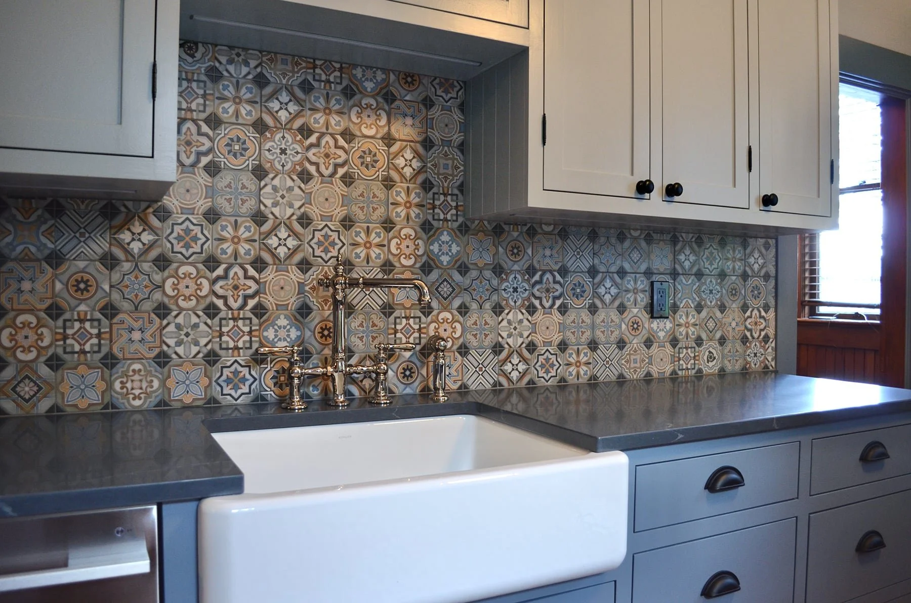 Two shades of blue painted kitchen cabinets in heritage house | Benjamin Moore paints| Mosaic tile backsplash | K Colour Design