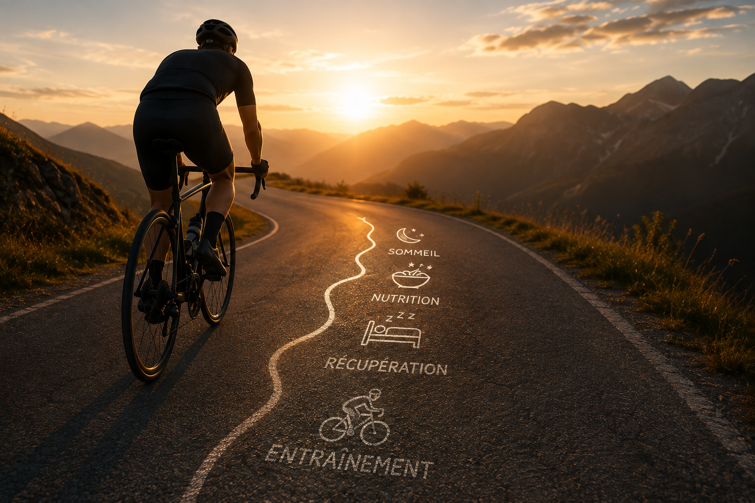 Cycliste sur une route de montagne au coucher du soleil, illustrant que la progression repose sur l'entraînement, la récupération, le sommeil et la nutrition, en complément des données de performance.