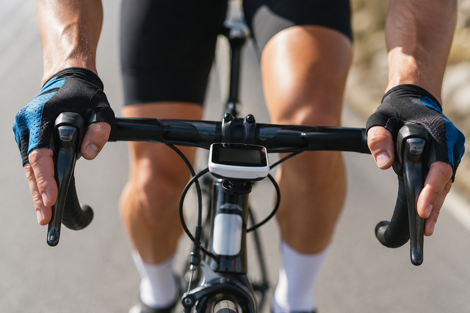Cycliste sur vélo de route utilisant un GPS monté sur le guidon pour suivre les données d'entraînement lors d'une séance de puissance.