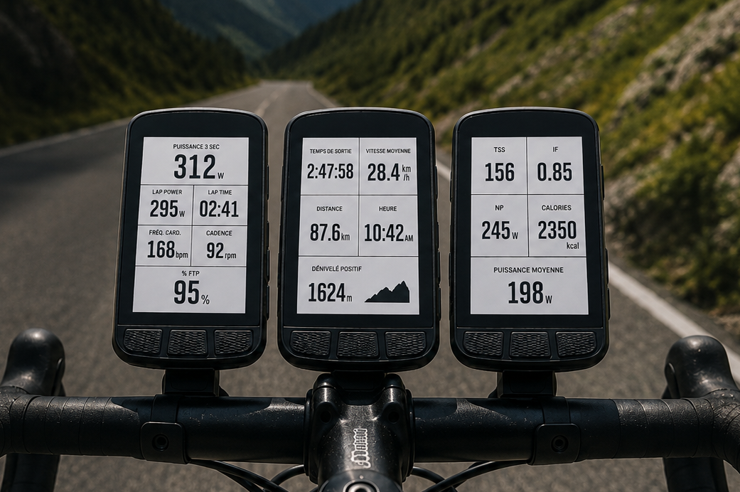 Trois écrans de données d'un GPS vélo illustrant une organisation par fonction : exécution de l'entraînement, informations générales de la sortie et analyse du bilan de performance.