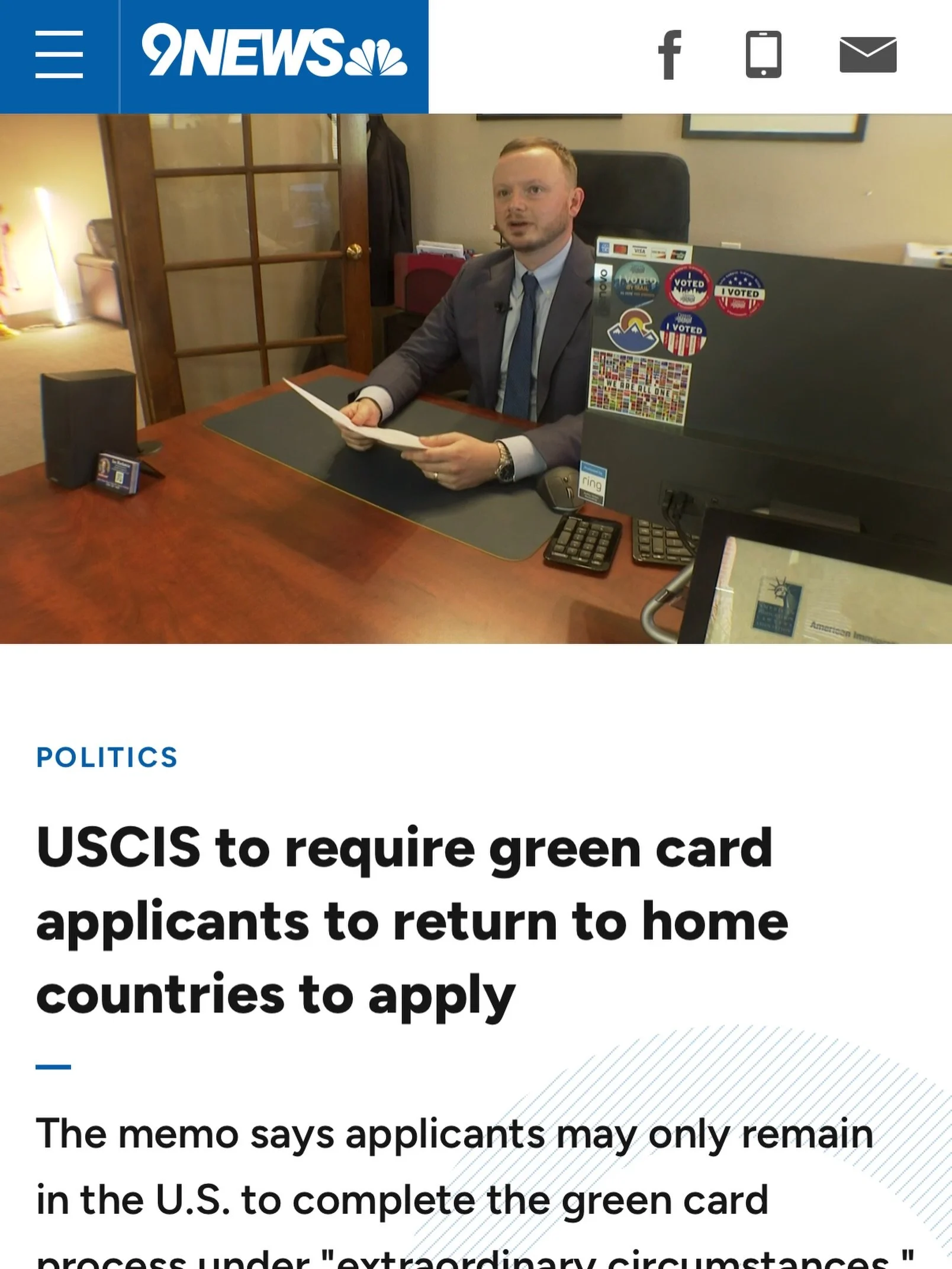 Thank you @9newsdenver and @jaleesareports for interviewing me about the latest USCIS memo regarding the Adjustment of Status process to obtain a green card in the United States.

At this time, we are not recommending that our clients change their im