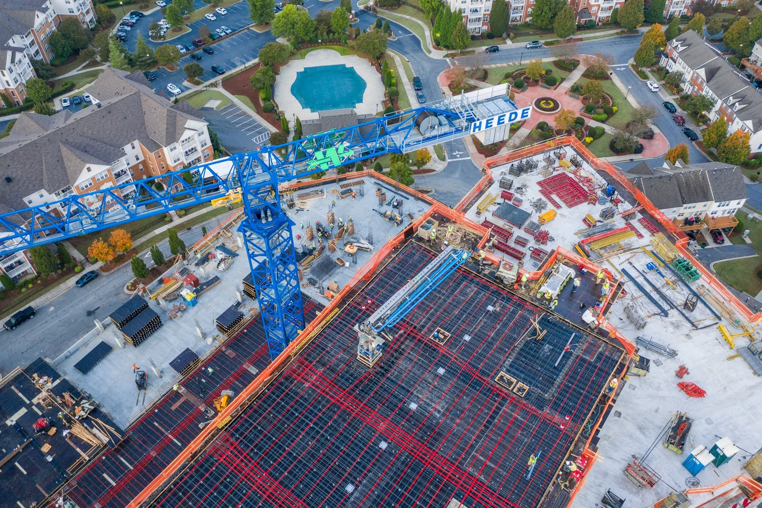 Aerial drone view of a multi-story construction site documentation in Tampa Bay