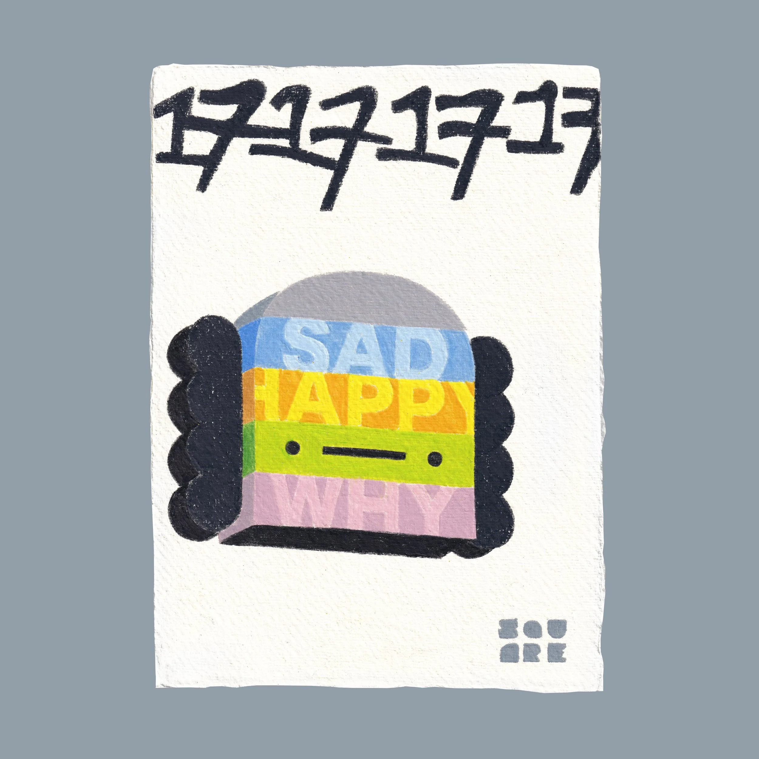 A colorful illustration of a speech bubble with words 'SAD', 'HAPPY', and 'WHY' inside it, resembling a robot face, with handwritten numbers above and a small logo or signature at the bottom right.