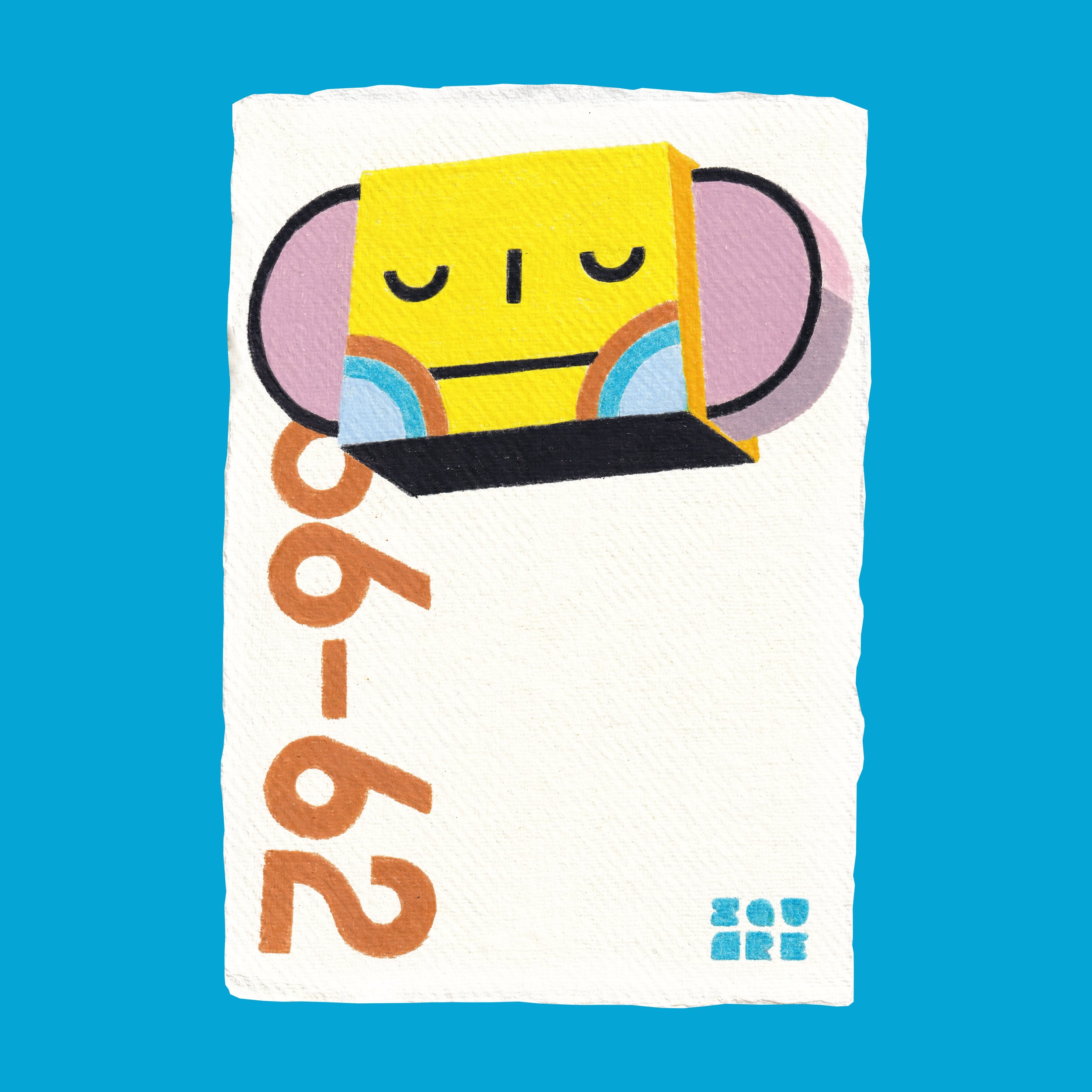 A colorful drawing of a yellow cube with a sad face, pink ears, and rainbow arches on its sides, on a white textured sheet with the year 2019 written in orange vertically and a small blue logo at the bottom right corner.