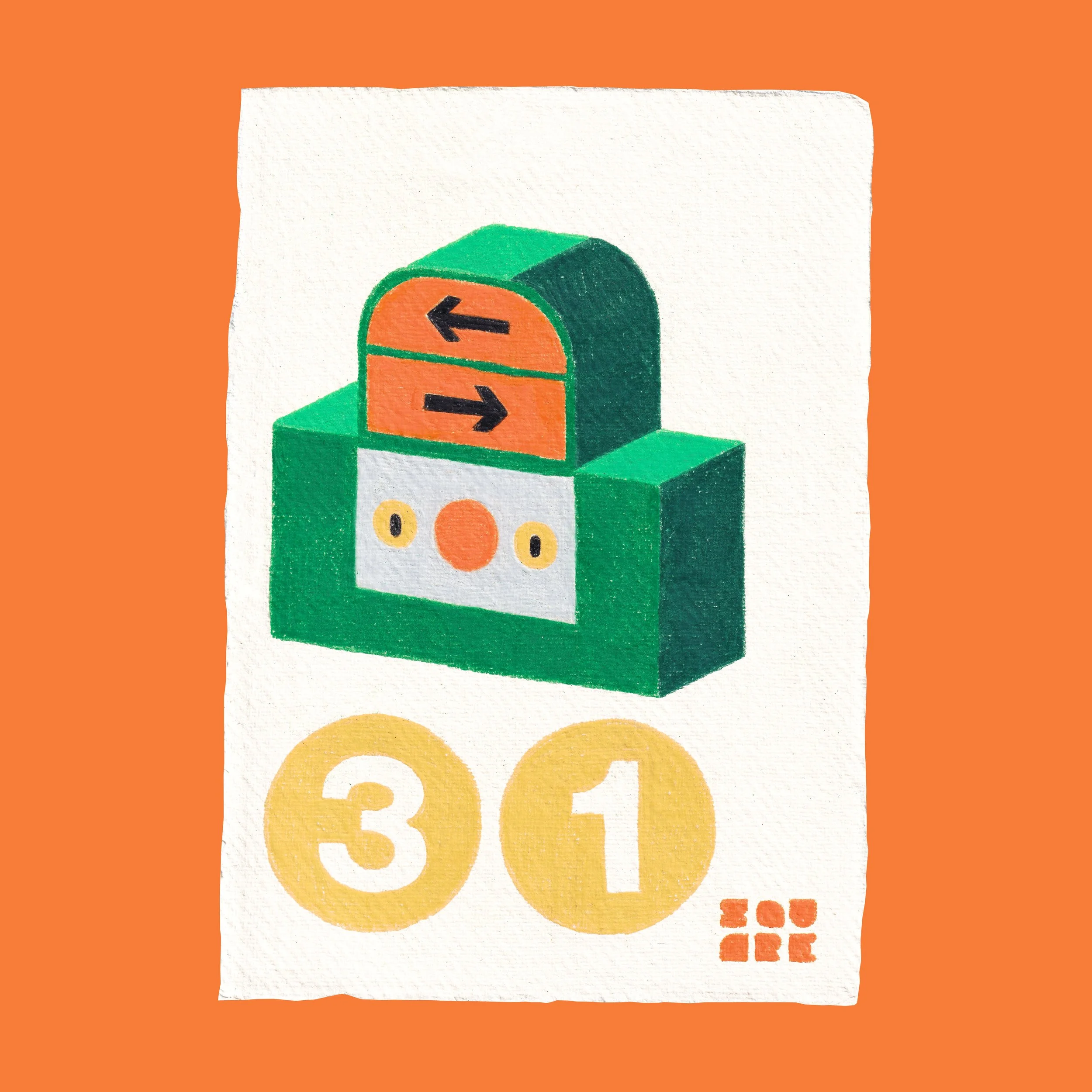 Colorful illustration of a toy robot with orange, green, and white colors, displaying numbers 3 and 1, with arrows pointing left and right on its head, on an orange background.