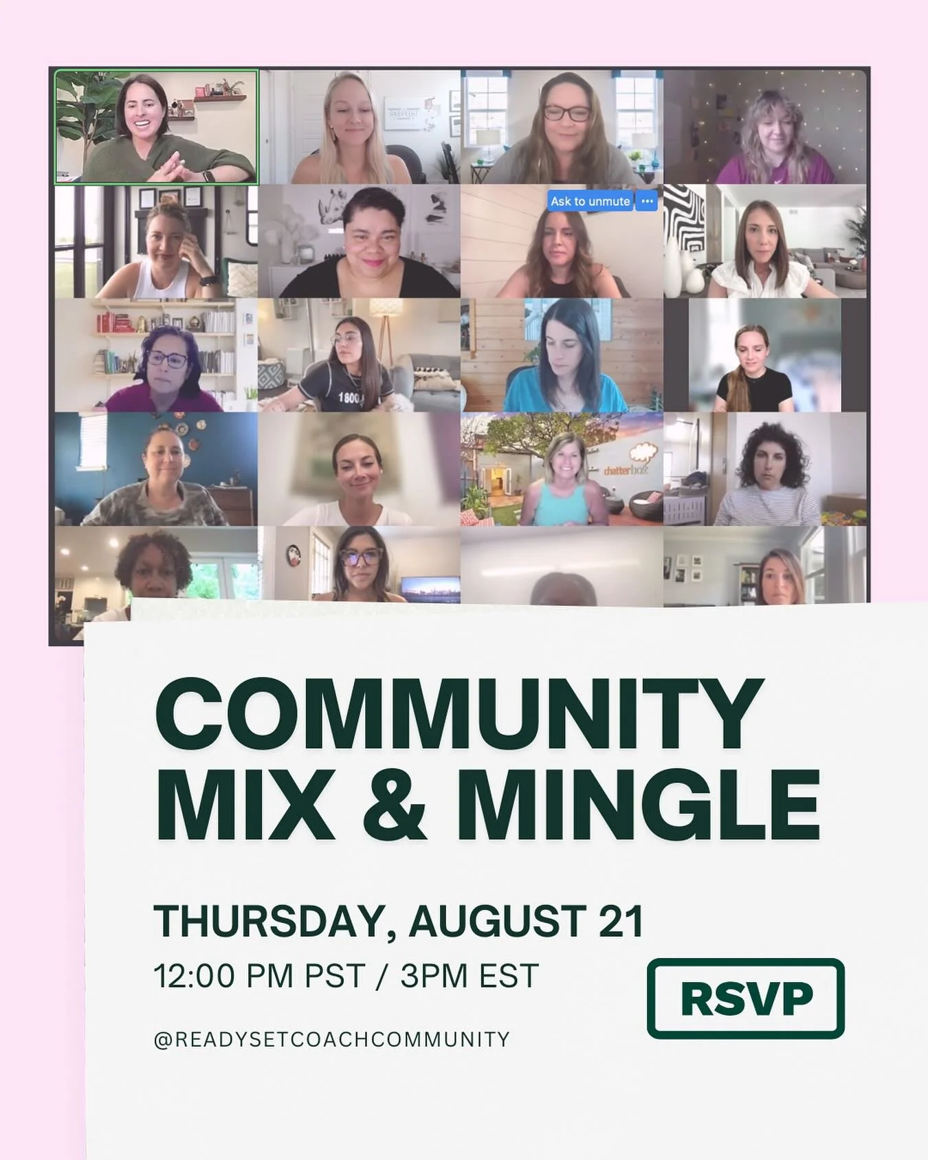 Coaches supporting coaches = magic.

It&rsquo;s time for our monthly Mix &amp; Mingle. On August 21st come meet fellow coaches, exchange ideas, and expand your circle. 

You never know who you&rsquo;ll meet or what breakthrough might happen. 

Join o