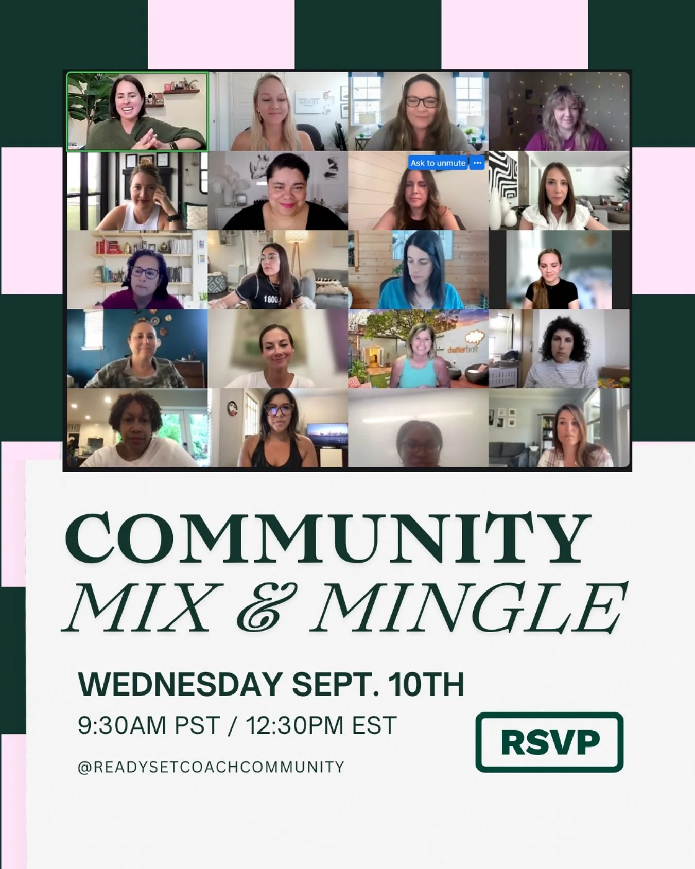 Coaches, join us tomorrow at 9:30am pst / 12:30pm est for the Ready Set Coach Community Monthly Mix and Mingle!

These free events are a great chance to network, promote your services, meet other members of the community, get help and support - the w