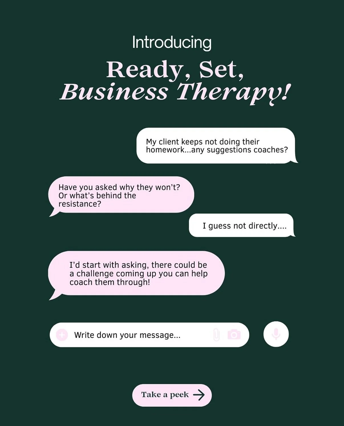 Looking for a safe space to talk about your business? 

Introducing our version of business therapy. A space within the Ready Set Coach Community where coaches can talk, vent and lean on one another.

#businesstherapy #readysetcoach #coach #coachingc