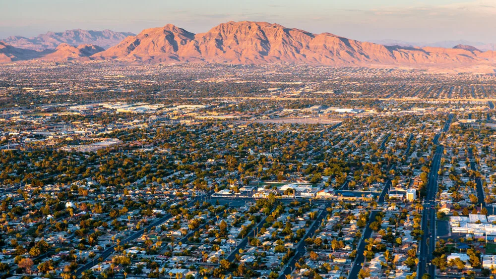 Southwest Las Vegas Valley development and desert mountains near Enterprise, Nevada