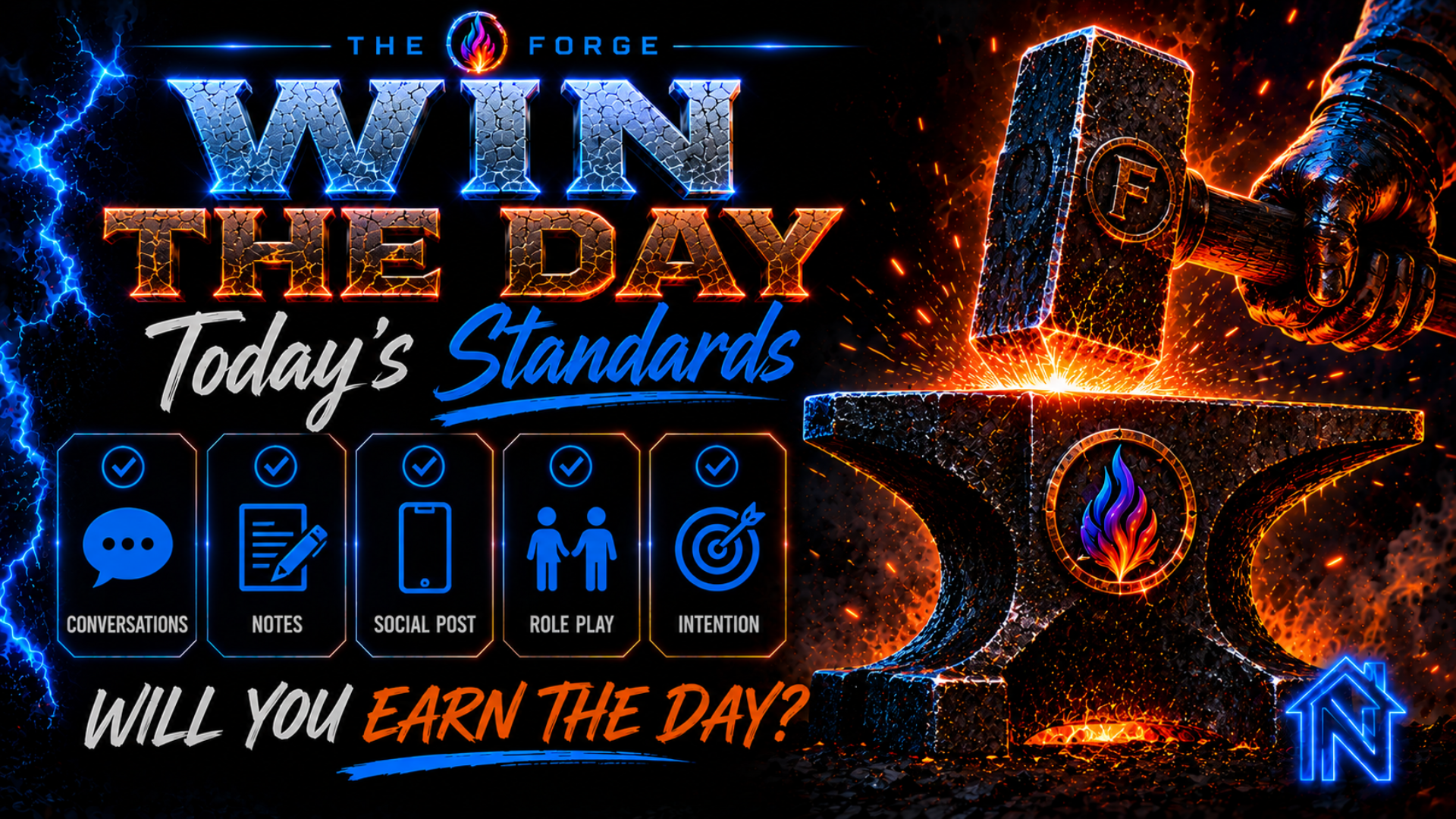 WIN THE DAY, The Forge's daily real estate success framework emphasizing prospecting conversations, client notes, social media activity, role play practice, and purposeful action to build a consistent business.