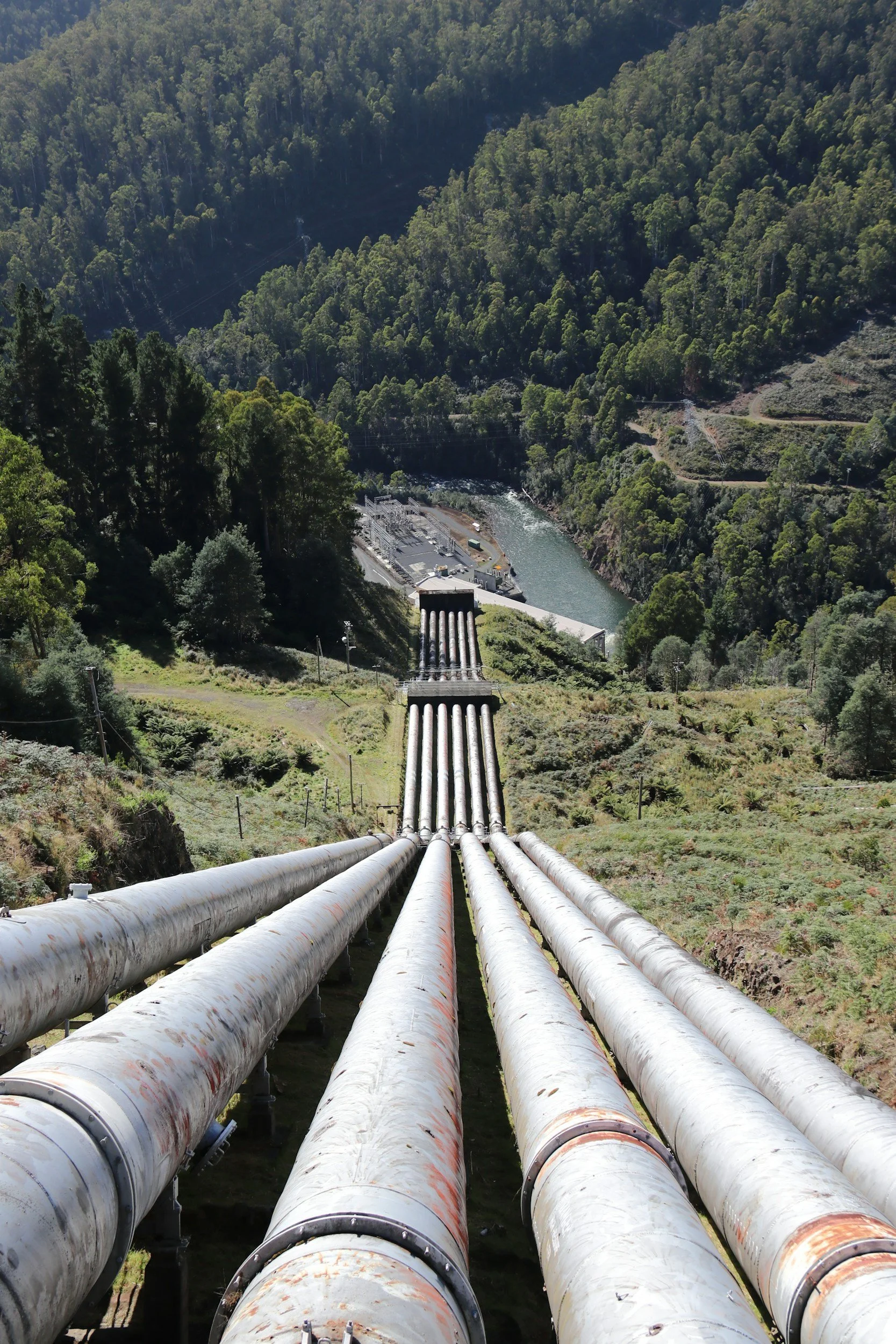 Multiple large hydro pipes running downhill through a forested mountain landscape, with a dam and water below and lush green trees covering the hills.