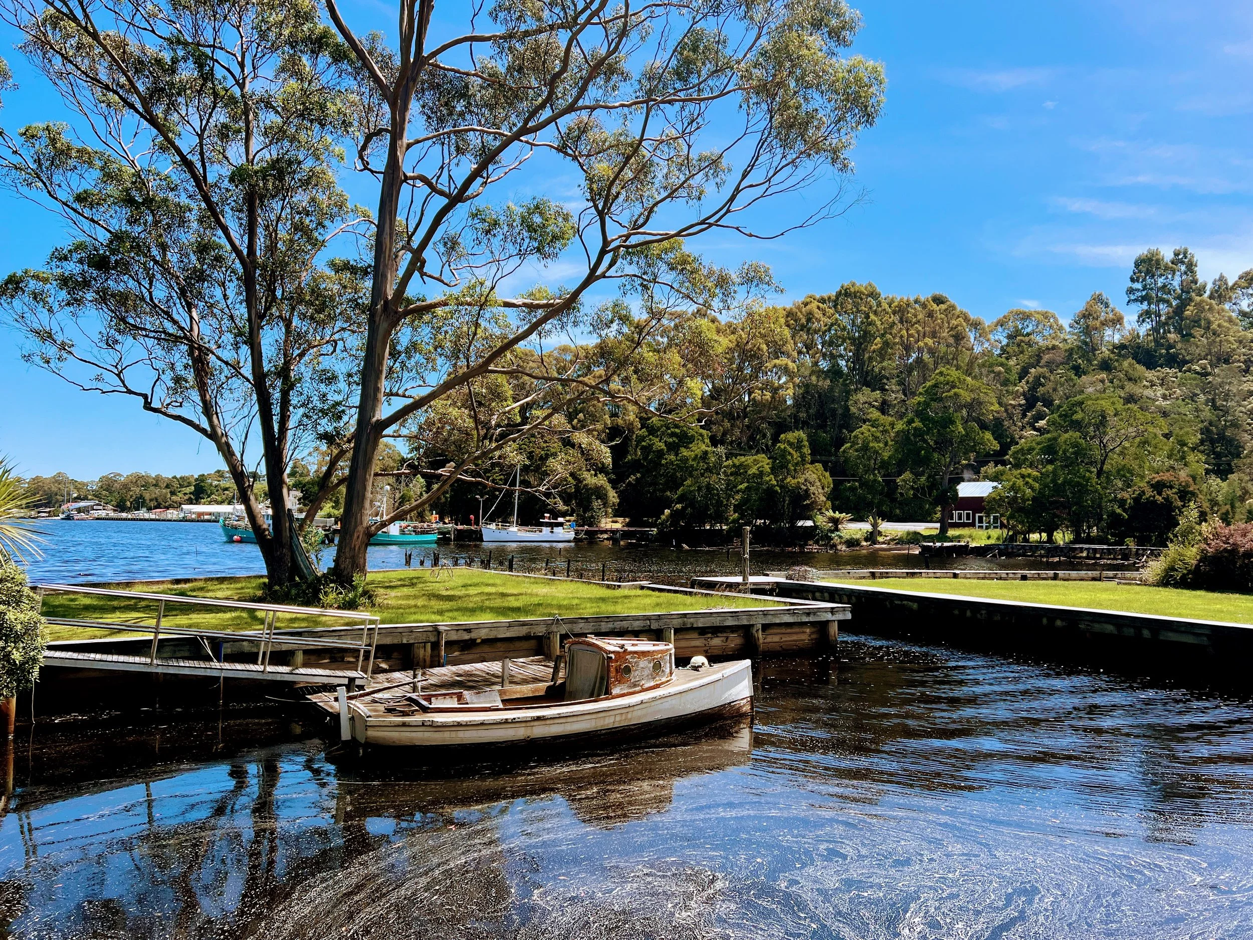 A small boat is moored at a dock on a river, with a large tree and grassy area nearby. In the background, there are houses surrounded by trees and a blue sky with some wispy clouds.