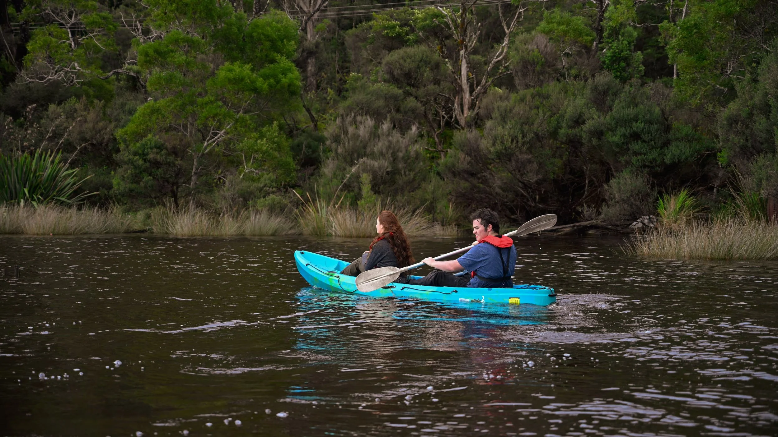 Two people kayaking on Macquarie Harbour with dense green trees and bushes in the background.