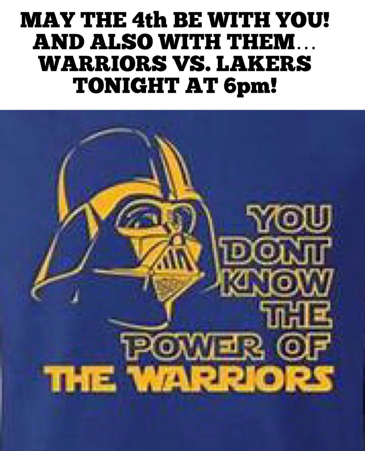 Do or do not, there is no try.  So get on down to the SFAC to watch game 2!  Come early to get a seat, game starts at 6pm!  @thesfac #maythe4thbewithyou #dubnation #warriorsvslakers #stephvsbron #nbaplayoffs #bestsportsbarinsf