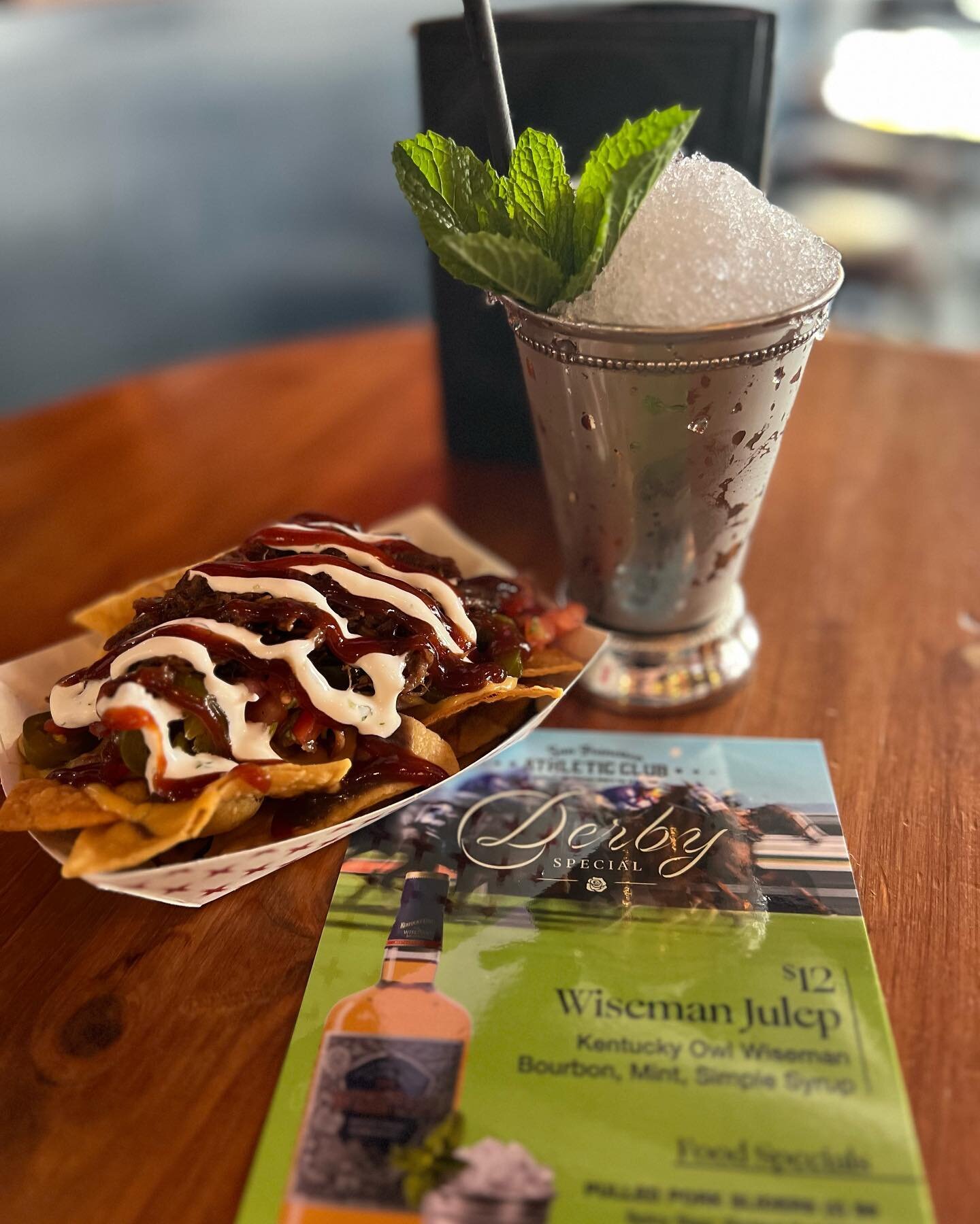 It&rsquo;s derby day!  Join us for some Kentucky nachos and a Wiseman bourbon mint julep!  Available today until 4pm.  Then stick around for the warriors vs. lakers at 5:30! @thesfac @el____burro #kentuckyderby #mintjulep #kentuckynachos #wisemanbour