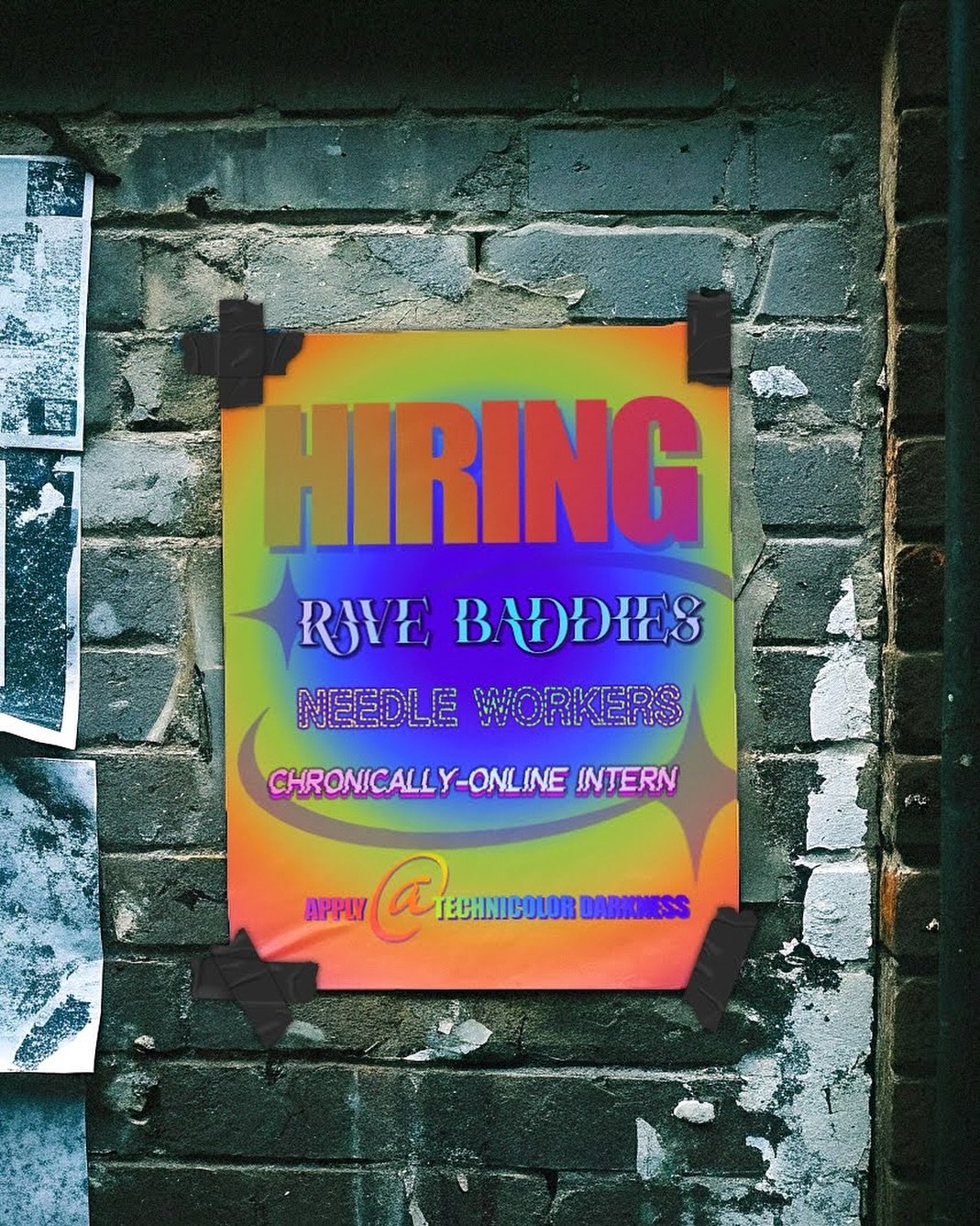 Looking for a side hustle? WE&rsquo;RE HIRING:
💋Rave Baddies (local and international)
🧵 Freelance Needle Workers
📱Chronically-Online Intern
Apply at www.technicolordarkness.com/apply
.
.
I had tons of fun creating this rainbow hiring poster. Hope