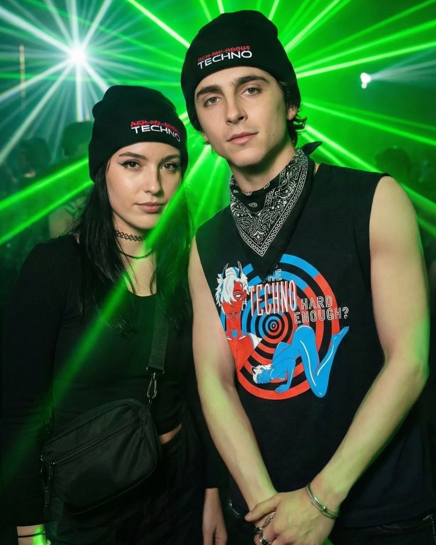 Quite literally begging a techno baddie to take @tchalamet raving. We think he&rsquo;d look best styled in the A̶s̶k̶ ̶M̶e̶ ̶A̶b̶o̶u̶t̶ Techno beanie &amp; Hard Techno cut-off t-shirt. Techno snobs save 10% on any order with code &lsquo;TECHNO&rsquo;