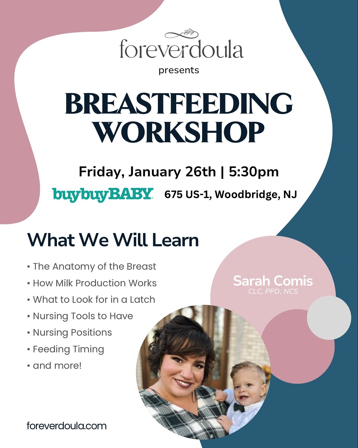 Excited to be partnering with @buybuybaby to provide a free breastfeeding workshop at their Woodbridge, NJ location! Be sure to join me at 5:30pm this Friday, January 26th for some helpful tips and tricks.
.
.
.
#breastfeeding #doulalife #postpartumj