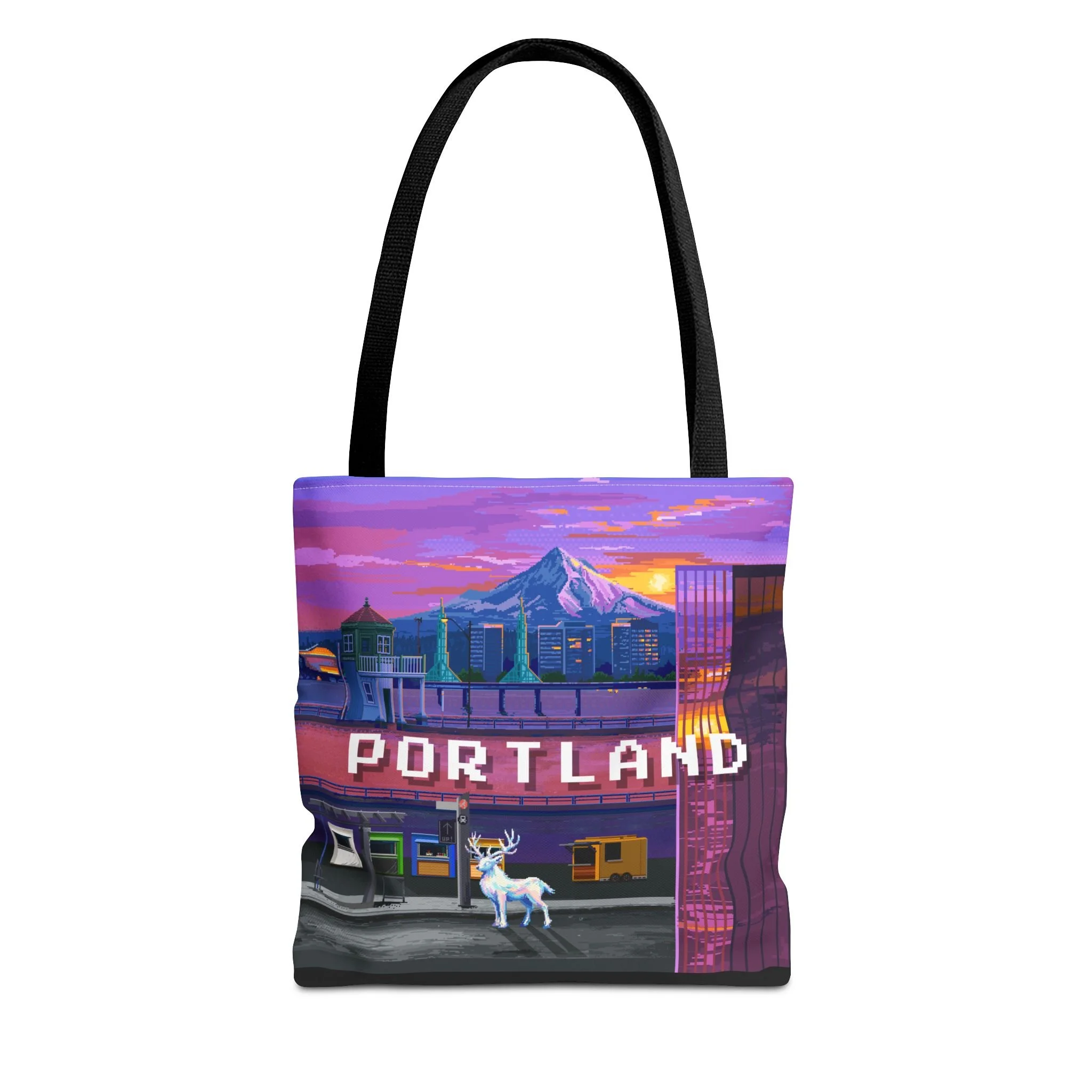 Portland Sunset Tote Bag — Scenic Mt. Hood Cityscape with the Celestial Stag