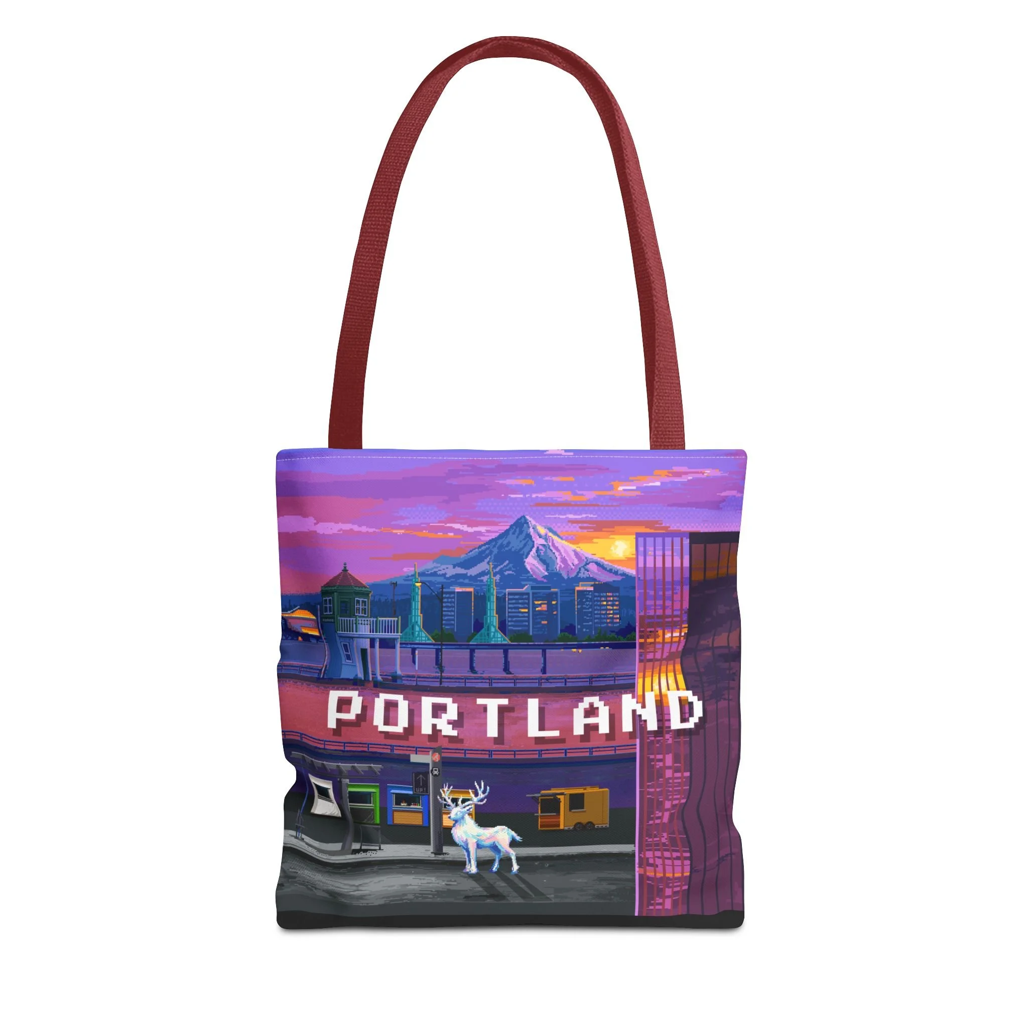 Portland Sunset Tote Bag — Scenic Mt. Hood Cityscape with the Celestial Stag