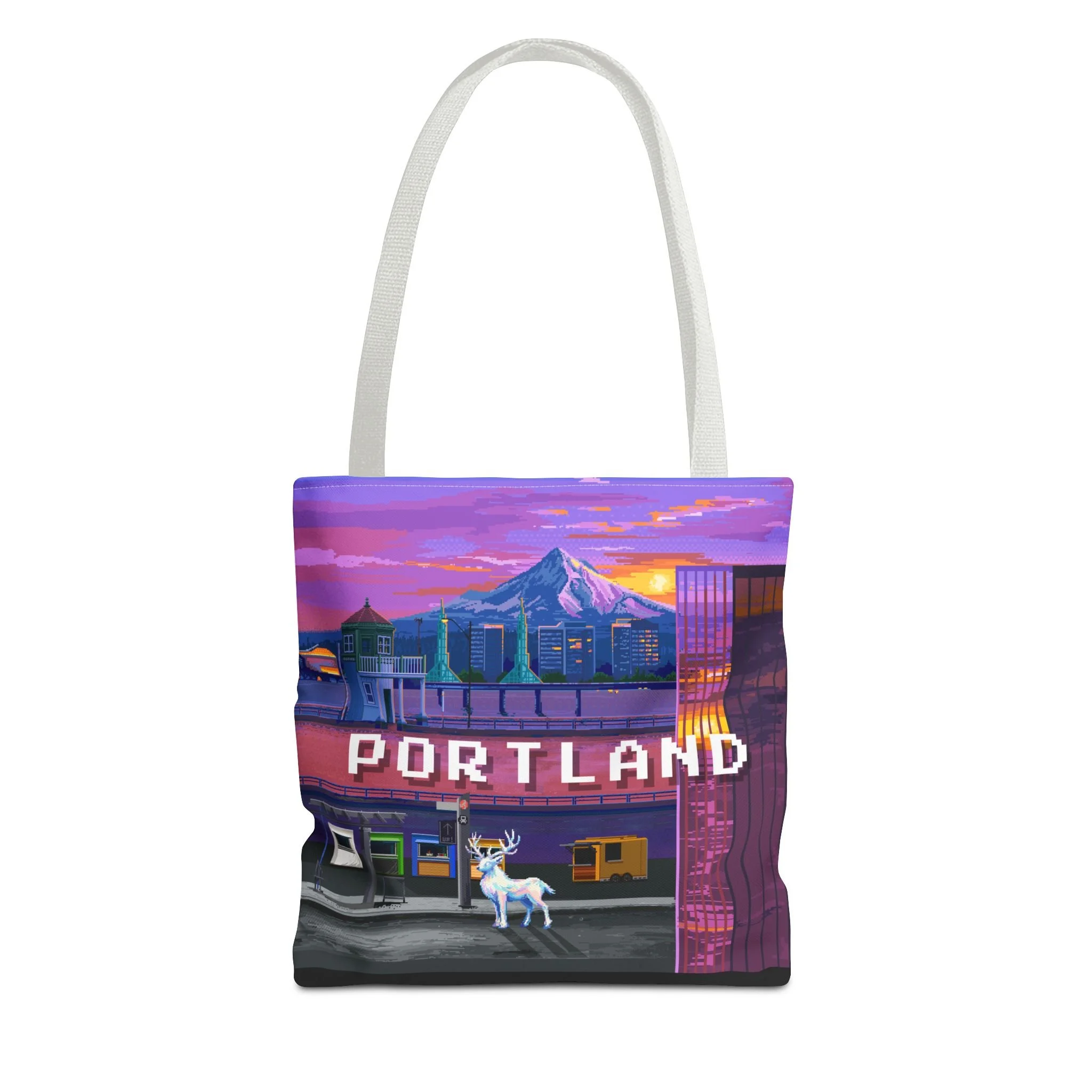 Portland Sunset Tote Bag — Scenic Mt. Hood Cityscape with the Celestial Stag