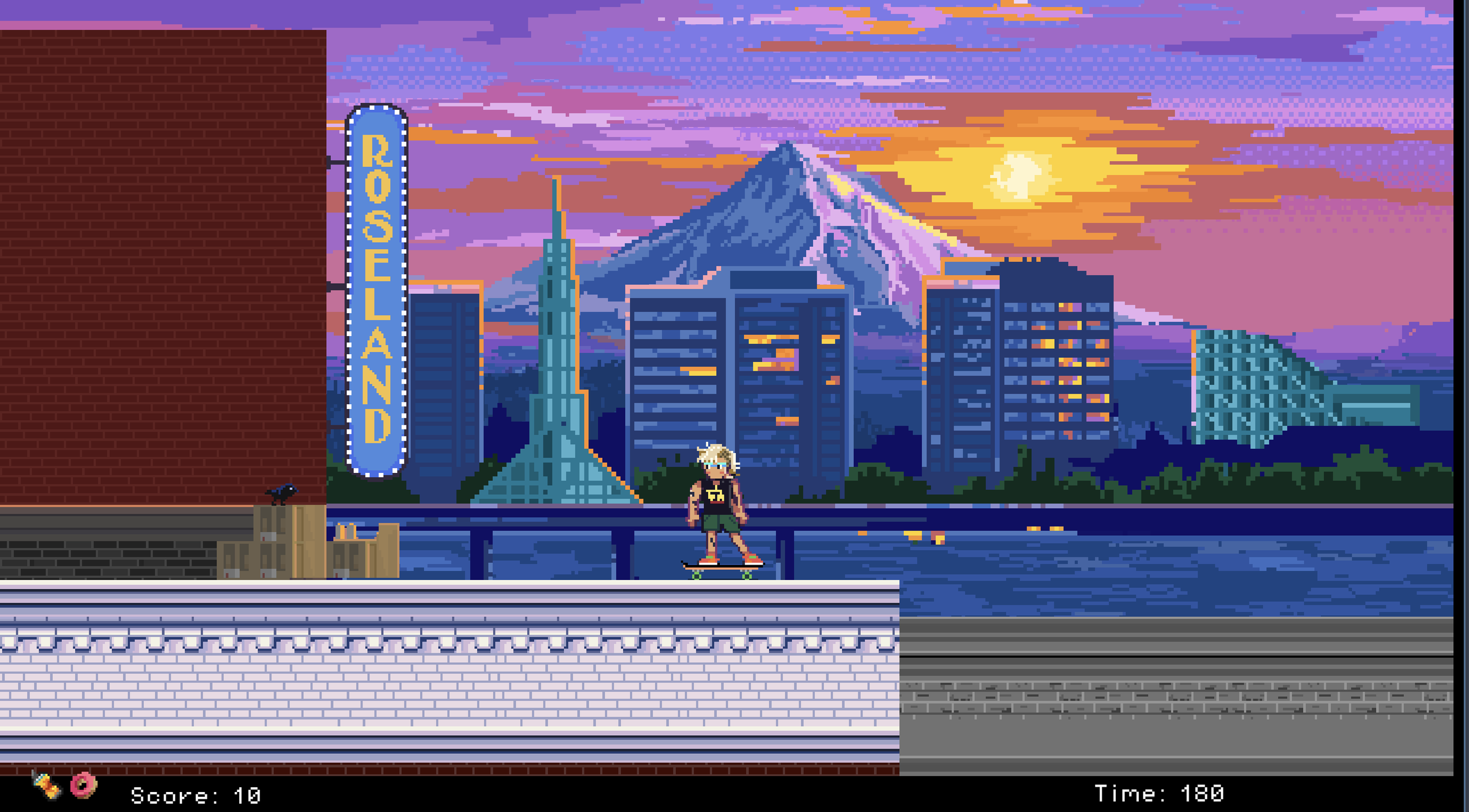 Pixel art style scene of a person skateboarding along a city waterfront with a mountain in the background, sunset sky with purple and orange hues, buildings and a sign that reads 'ROSELAND'.