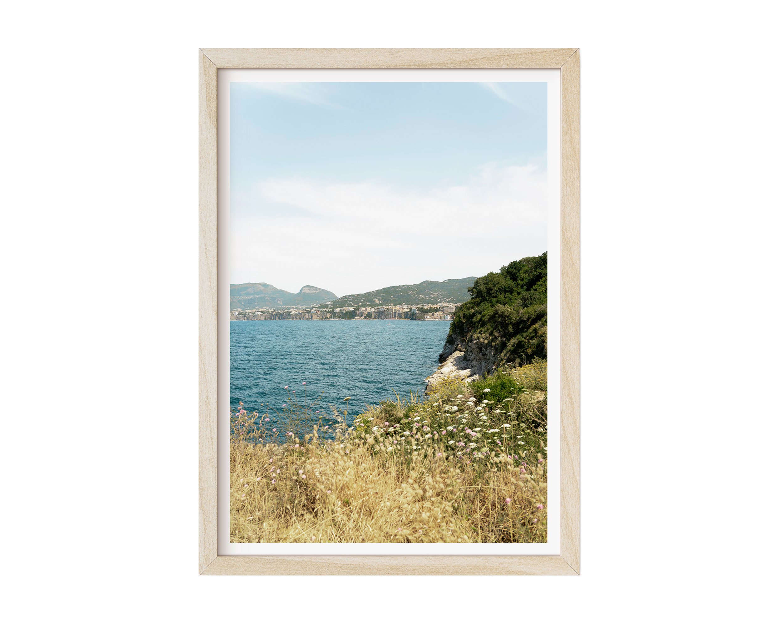 A fine art photograph capturing the quiet beauty of a sunlit coastline. Golden wild grasses and delicate white wildflowers frame a rugged cliff that descends into the calm, deep blue sea.