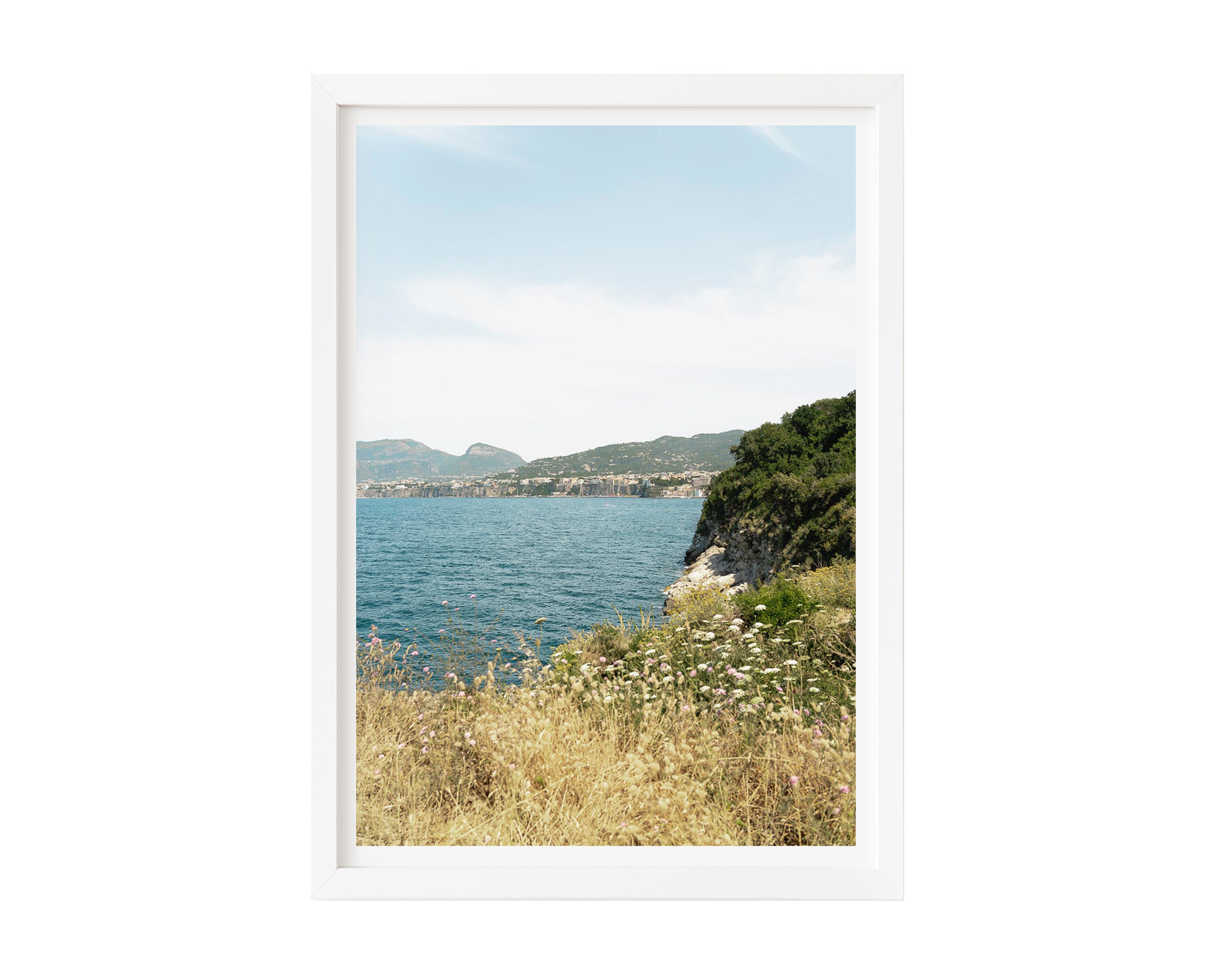 A fine art photograph capturing the quiet beauty of a sunlit coastline. Golden wild grasses and delicate white wildflowers frame a rugged cliff that descends into the calm, deep blue sea.