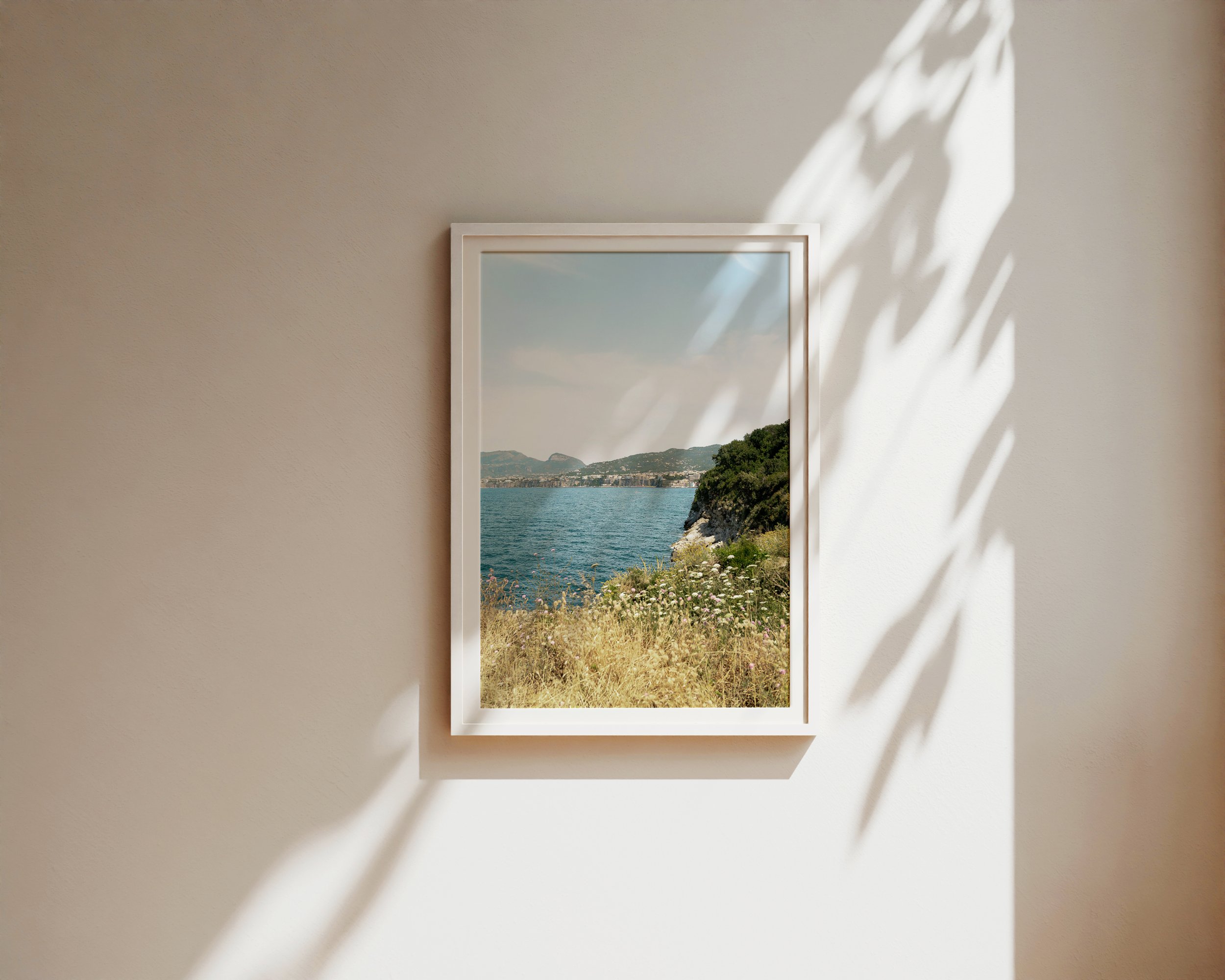 A fine art photograph capturing the quiet beauty of a sunlit coastline. Golden wild grasses and delicate white wildflowers frame a rugged cliff that descends into the calm, deep blue sea.