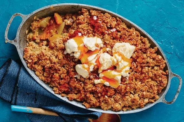 Apricot, pear and ANZAC biscuit crumble