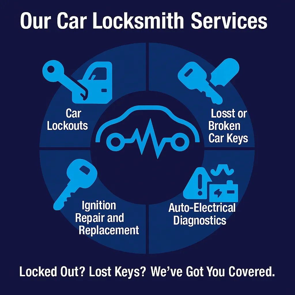 Infographic showing five key automotive locksmith services with icons and titles on a dark blue background.