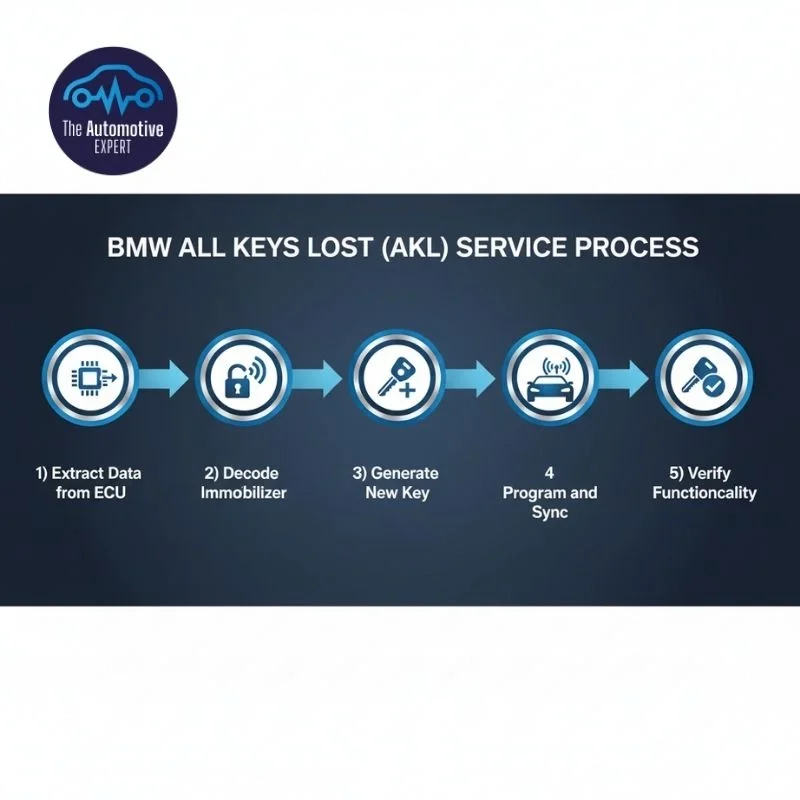 Infographic showing BMW All Keys Lost (AKL) key recovery workflow with data extraction, key generation, and verification.