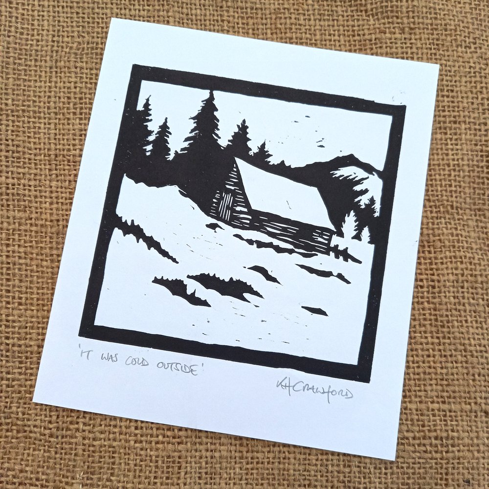 Winter Cabin Snowy Cabin Original Linocut Block Print 