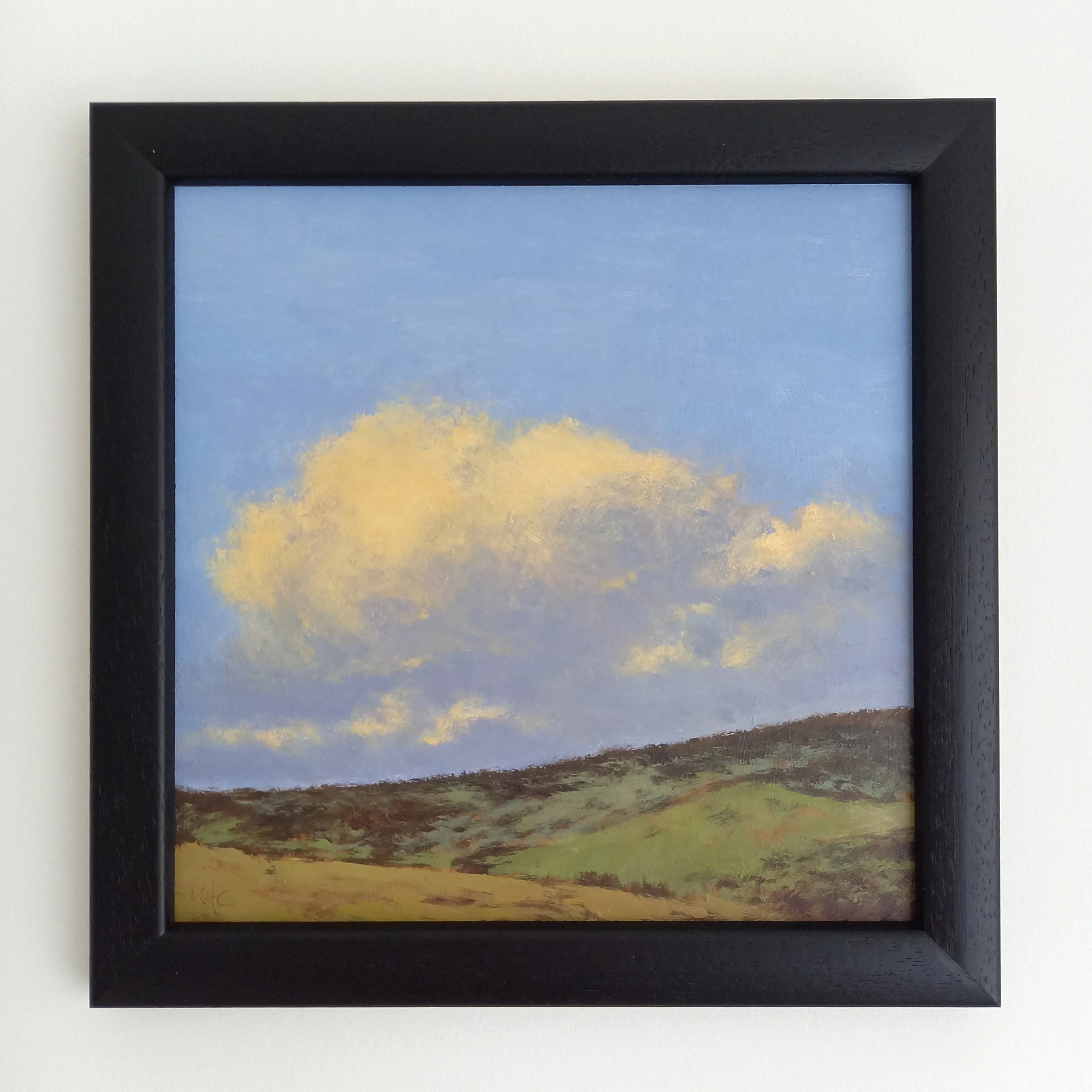 Cloud and green hills oil painting in black frame