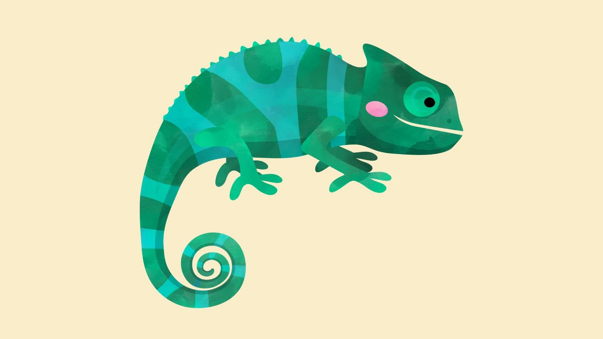 A digital illustration of a chameleon with blue and green stripes on a light beige background.