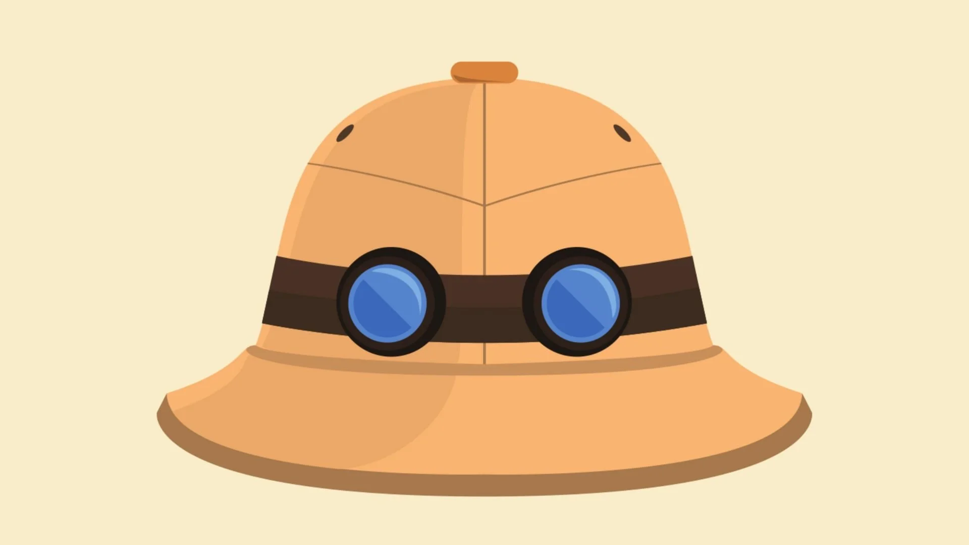 A cartoon explorer hat with beige color, a wide brim, and black goggles around the crown, set against a beige background.