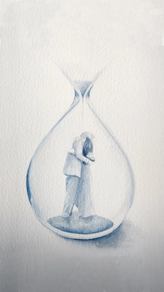Watercolor painting of two people embracing inside a large hourglass.