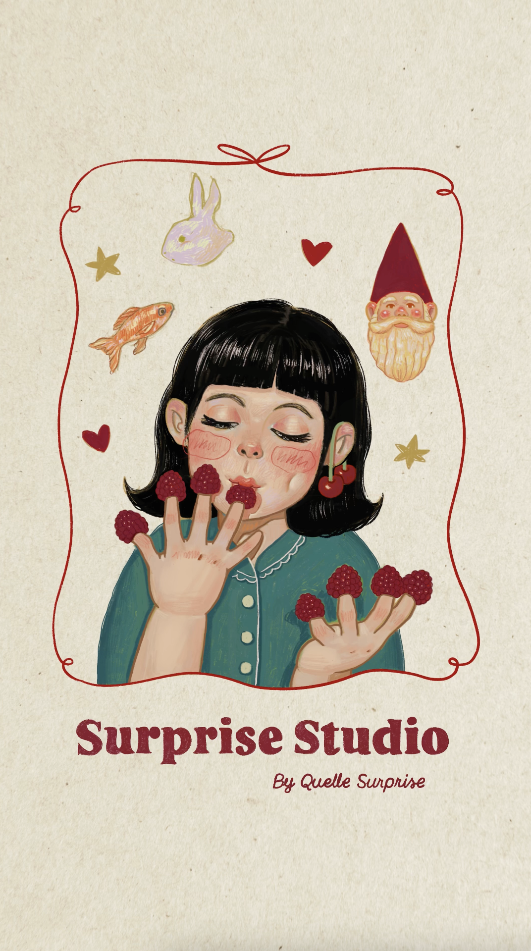 A young girl with short black hair and cherry earrings, eating raspberries, with a whimsical background featuring a rabbit, a fish, a gnome, and various decorative hearts and stars. The text reads 'Surprise Studio by Quelle Surprise.'
