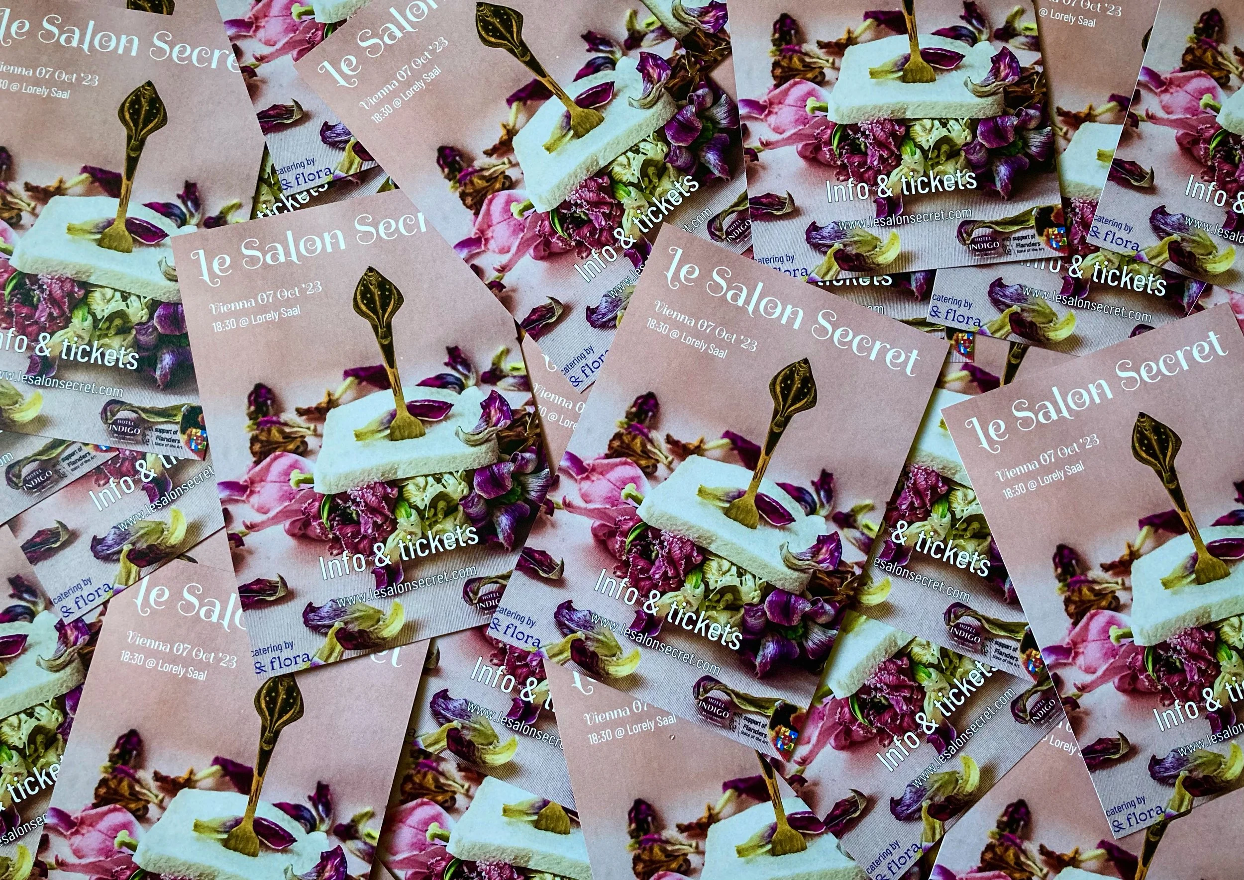 Multiple event tickets for Le Salon Secret, showing a dessert with a gold dip pen, surrounded by purple and pink flowers, with event details including date, time, and location.