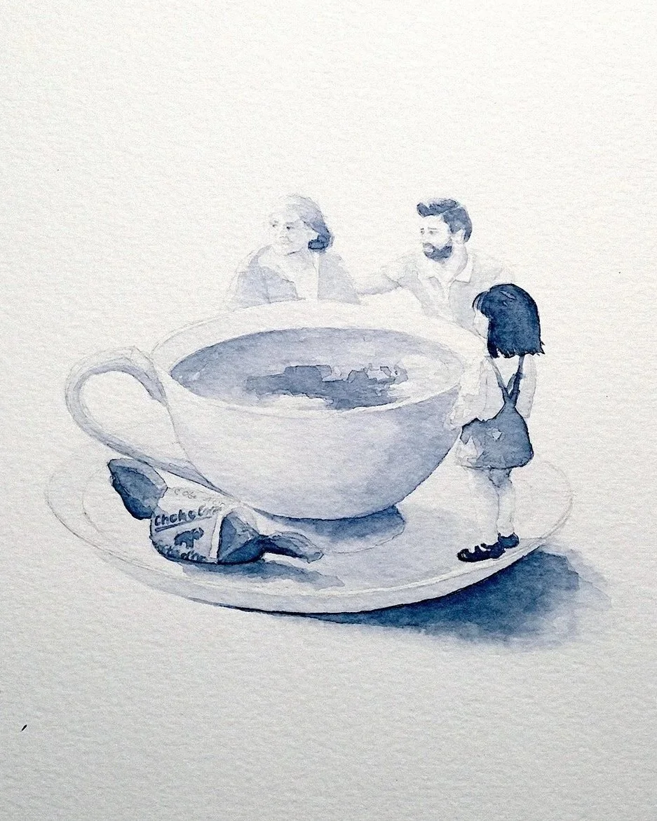 A watercolor illustration of two adults and a child standing around a large teacup filled with tea on a saucer, with a chocolate bar on the saucer.