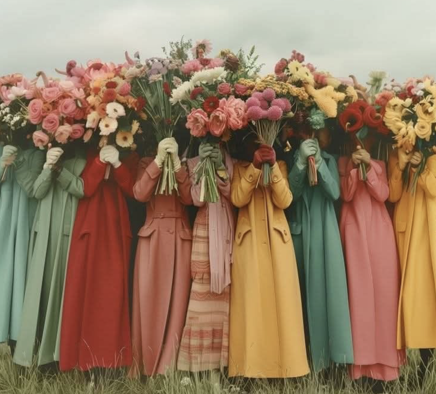 Group of people standing outdoors holding large bouquets of colorful flowers in front of their faces, wearing long coats of various colors.