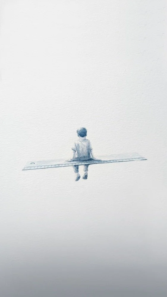 A watercolor painting of a child sitting on a ruler, viewed from behind, with a mostly blank background.