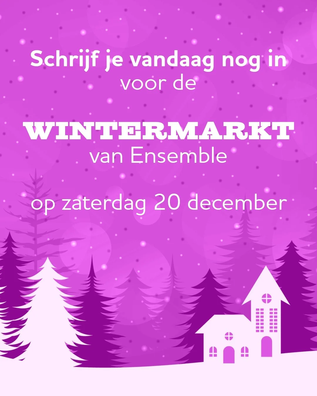 ✨ Vandaag is 𝗱𝗲 𝗮𝗹𝗹𝗲𝗿𝗹𝗮𝗮𝘁𝘀𝘁𝗲 𝗱𝗮𝗴 om je in te schrijven voor de Wintermarkt van Ensemble! ✨

Op zaterdag 20 december toveren we het oude dierenasiel om tot een warme, sfeervolle wintermarkt vol unieke geschenken, fijne makers en winte