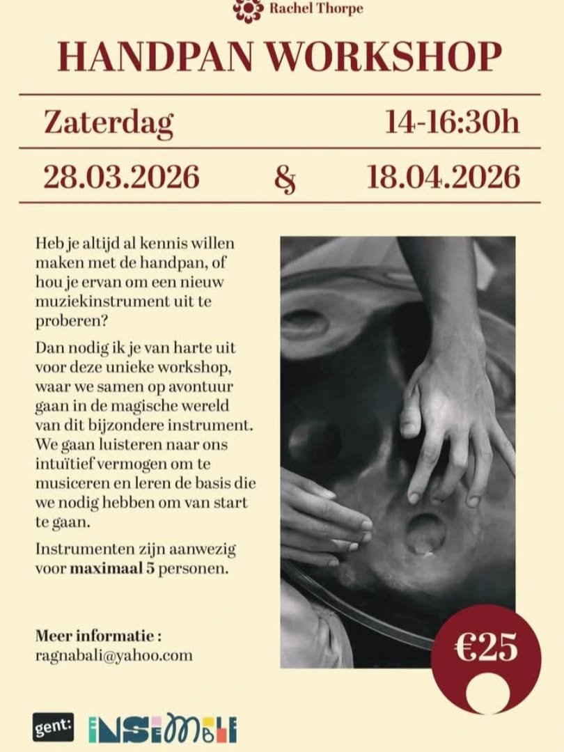 🎶 𝐇𝐚𝐧𝐝𝐩𝐚𝐧 𝐖𝐨𝐫𝐤𝐬𝐡𝐨𝐩 🎶

Zaterdag 28.03.2026 &amp; 18.04.2026
14:00 &ndash; 16:30
📍 Ensemble, Gent

Altijd al de handpan willen uitproberen?
Ontdek dit bijzondere instrument en speel samen in een kleine, gezellige groep. Geen ervaring 