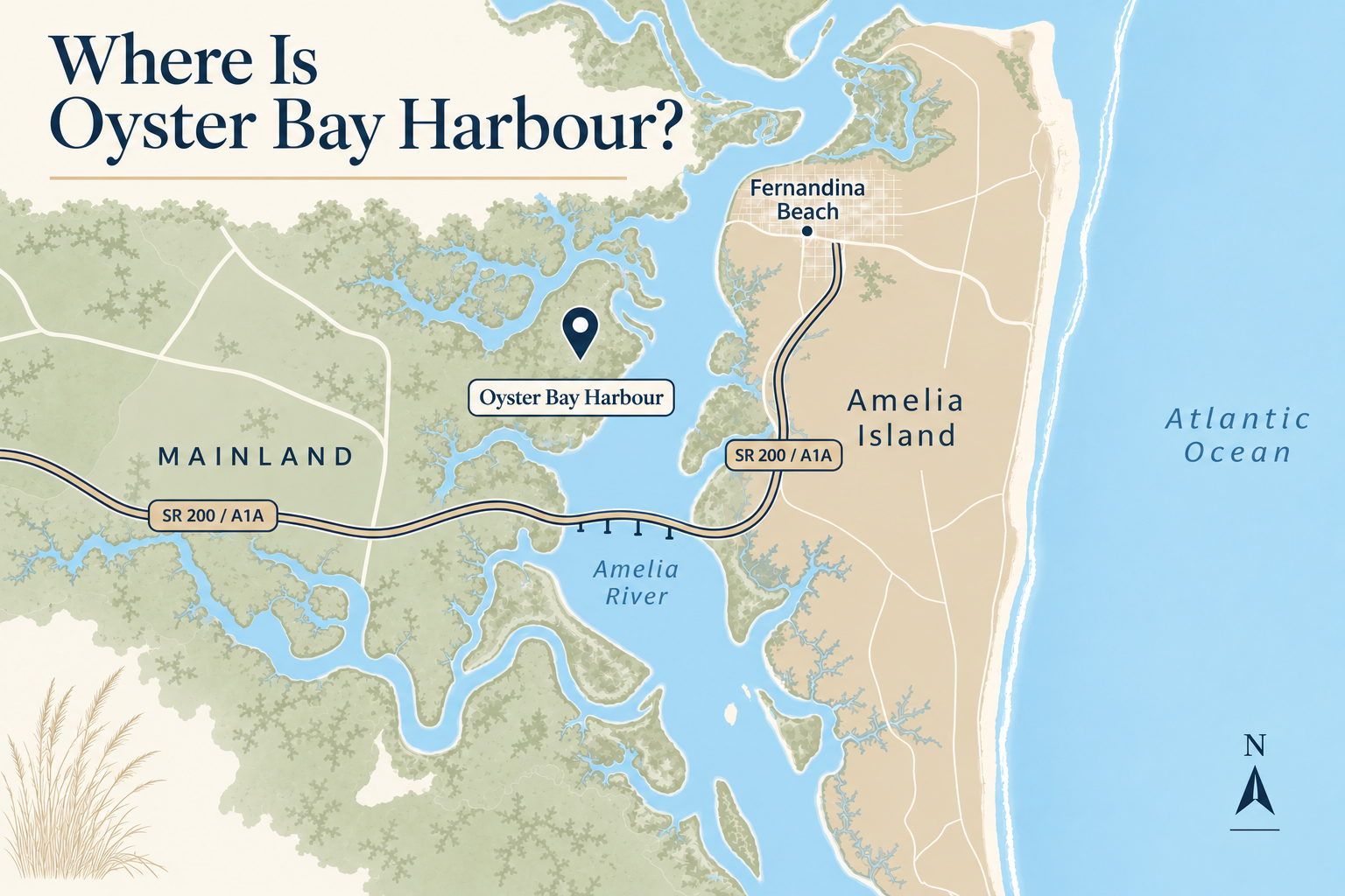 Map showing Oyster Bay Harbour on the mainland near Amelia Island and Fernandina Beach, Florida